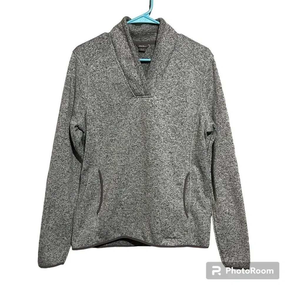 Eddie Bauer Women s Fleece V Neck Pullover Long Sleeve Grey Blue Heather Size L